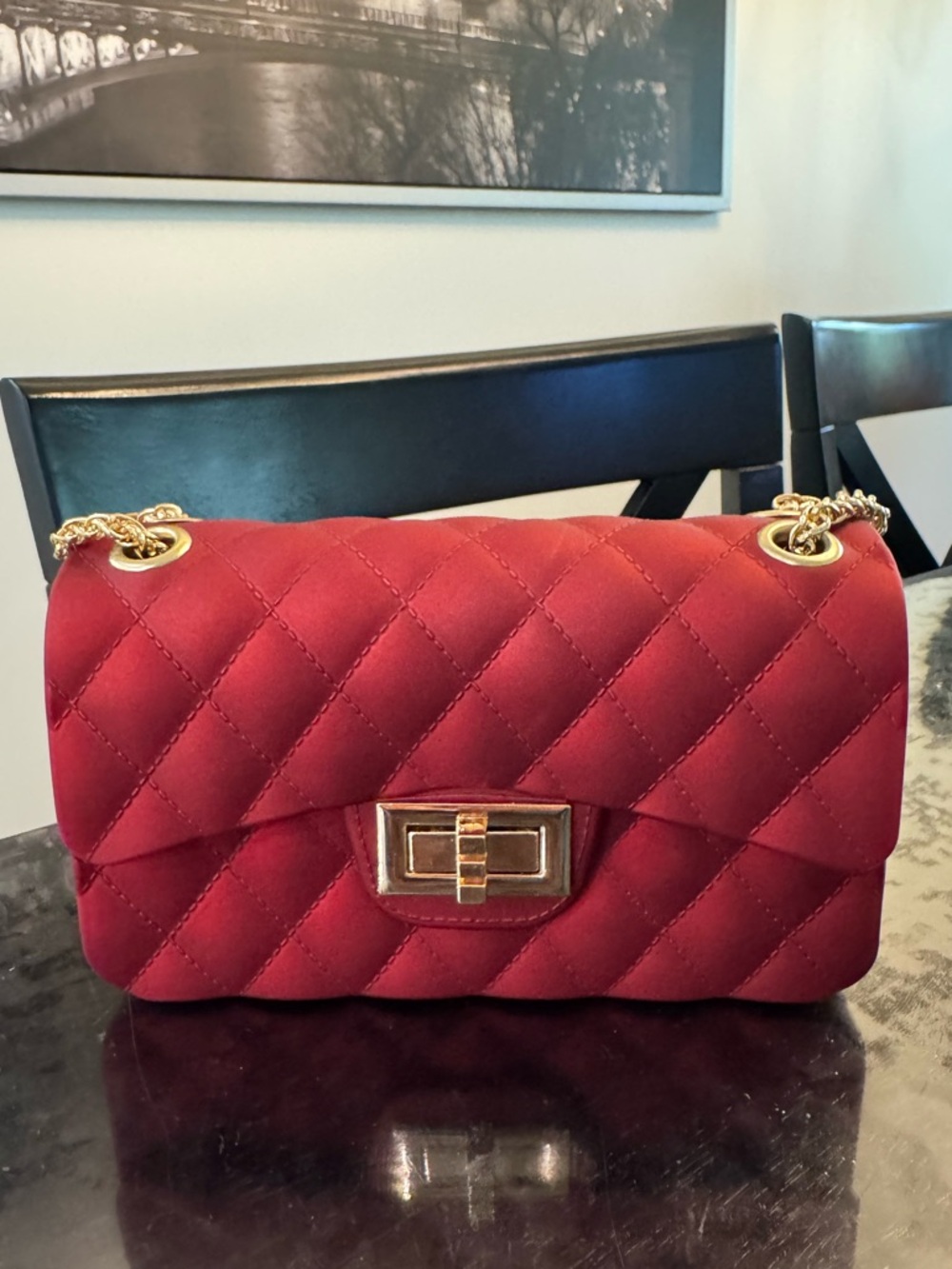 Quilted Red Chain Shoulder Bag with Gold Hardware